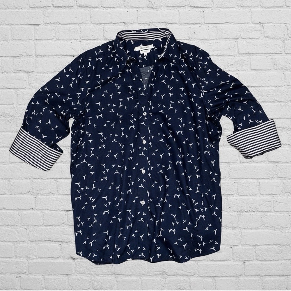 Foxcroft NYC Button Shirt Women's Sz XL Navy Blue Flying Birds Print Coastal
